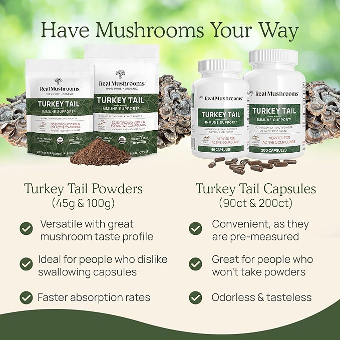 Real Mushrooms Turkey Tail Capsules - Organic Mushroom Supplement with Potent Extract for Gut, Energy, Brain, Immune Support Vegan Extract, Non-GMO, 90 Caps