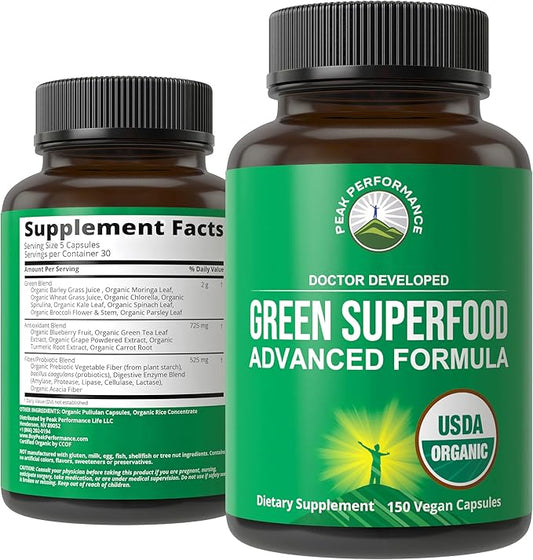 Organic Super Greens 150 Capsules - Green Juice Superfood Supplement with 25 All Natural Organic Ingredients. Max Energy and Detox Super Food Pills with Spirulina, Spinach, Kale, Turmeric, Probiotics