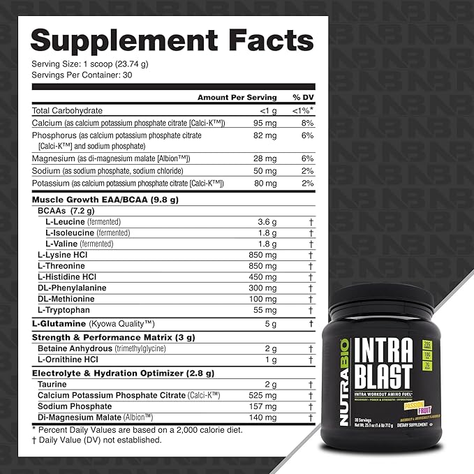 NutraBio Intra Blast Bcaa Powder Amino Acid Supplement, Electrolyte & Hydration Blend, Intra, Pre Workout & Muscle Recovery, 20g Eaa Amino Acids Powder, 5g Glutamine- Passion Fruit, 30 Serving