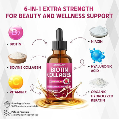 Biotin Collagen Liquid Drops 80,000mcg - Vitamin C, Niacin, Hyaluronic Acid - Radiant Skin, Healthy Hair, Strong Nails - Raspberry Flavor - Made in USA - 2.0 fl oz (60ml)