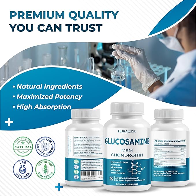 GLUCOSAMINE 9-in-1 Formula - with MSM Chondroitin Collagen Turmeric Hyaluronic Acid Vitamin D3 Non-GMO, Gluten-Free, Soy-Free
