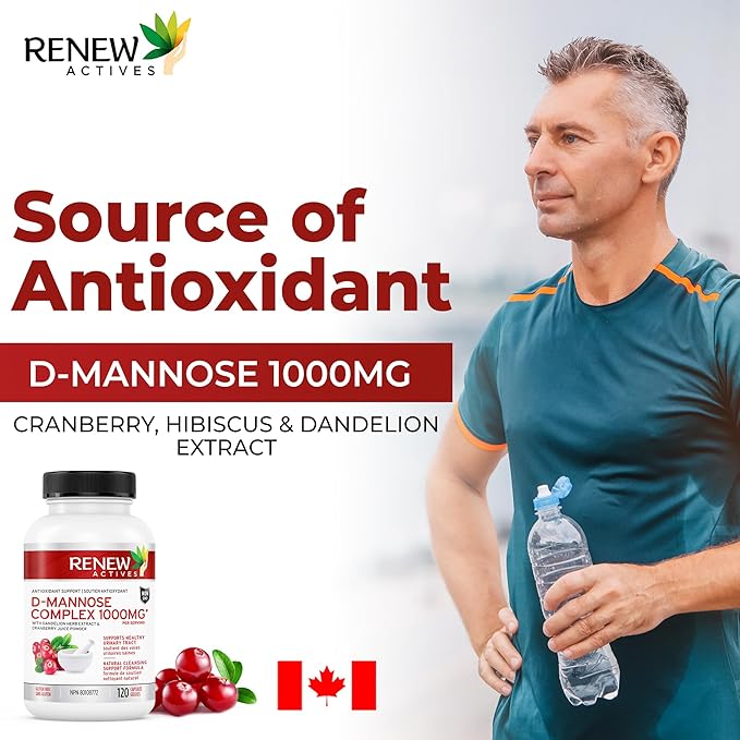 Renew Actives High Potency D-Mannose & Cranberry Complex 1000MG per 2 Capsules – with Hibiscus & Dandelion Extracts – Antioxidant Blend – No Artificial Flavours - Made in Canada - 120 Capsules