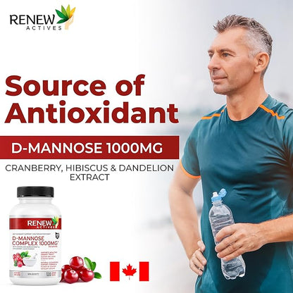 Renew Actives High Potency D-Mannose & Cranberry Complex 1000MG per 2 Capsules – with Hibiscus & Dandelion Extracts – Antioxidant Blend – No Artificial Flavours - Made in Canada - 120 Capsules