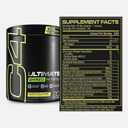 Cellucor C4 Ultimate Shred Pre Workout Powder for Men & Women, Metabolism Supplement with Ginger Root Extract, Lemon Italian Ice, 20 Servings (Pack of 1)
