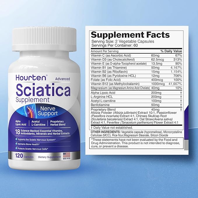 Advanced Sciatic Nerve Support Relief: Alpha Lipoic Acid - 18 in 1 Sciatica Supplements - Vitamin B Complex - Made in USA (120 Capsules)