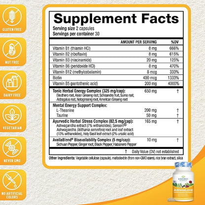 Ridgecrest Herbals AdrenaLove, Stress and Energy Support Supplement with Ashwagandha, L-Theanine, Ginseng, Schisandra, Taurine, Holy Basil, Adaptogens, B Vitamins (60 Vegan Caps, 30 Serv)