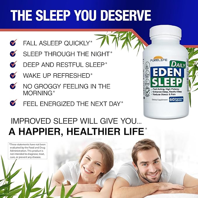 Eden Daily Sleep [New GABA Free Formula] – Fall Asleep Faster, Relax Your Muscles, Promote Deep and Restful Sleep (60 Vegan Capsules)
