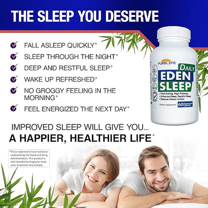 Eden Daily Sleep [New GABA Free Formula] – Fall Asleep Faster, Relax Your Muscles, Promote Deep and Restful Sleep (60 Vegan Capsules)