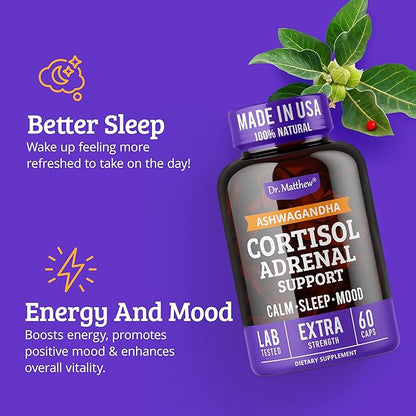 Dr. Matthew Cortisol Reducer Supplement for Women. Adrenal Support with Ashwagandha, Rhodiola & Ginseng – A Detox Cocktail to Lower Cortisol & Aid Relaxation, Calm and Restful Sleep