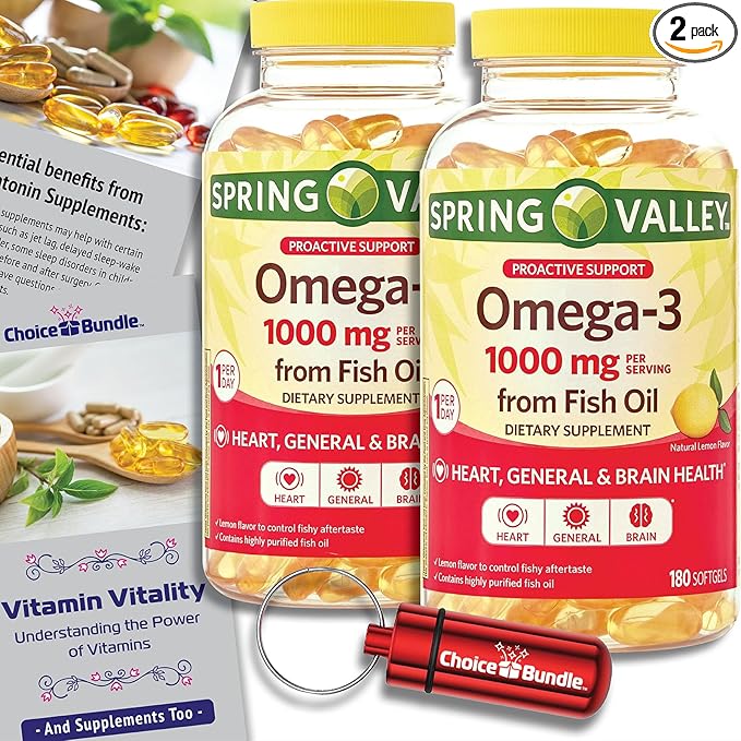 Spring Valley Proactive Support Omega-3 Fish Oil Soft Gels 1000 mg 180 Ct 2 pk (360 Total) + Vitamin Guide & Pill Container (4 Items)!