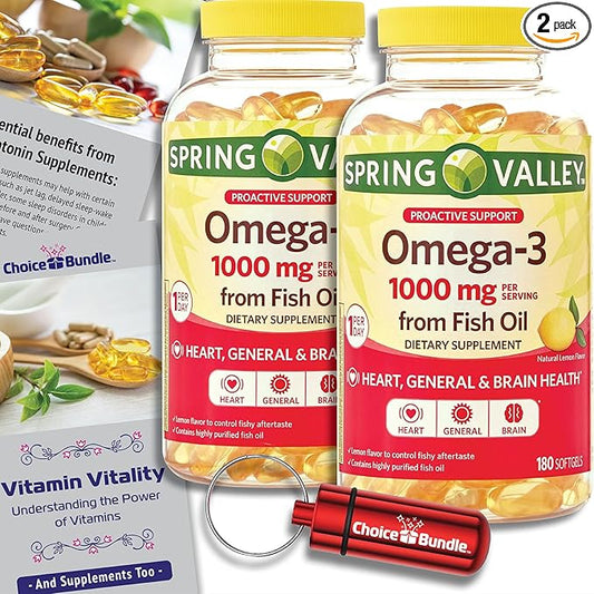 Spring Valley Proactive Support Omega-3 Fish Oil Soft Gels 1000 mg 180 Ct 2 pk (360 Total) + Vitamin Guide & Pill Container (4 Items)!