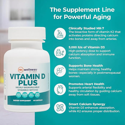 Reignite Wellness by JJ Virgin | Vitamin D Plus | Relevant Serving of 5000 IU, Highly Absorbable Vitamin D + Vitamin K1 & K2 | GG Supplement for Immune Health | Bone and Heart Supplement | 60 Softgels