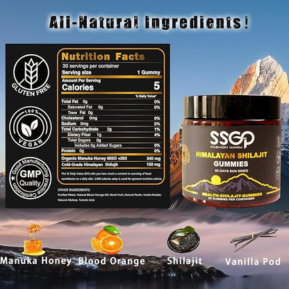 SSGP Himalayan Shilajit Gummies, Fulvic Acid and Trace Elements, No Added Sugars, Sweetened by Manuka Honey, Clean Formula, for Energy and Healthy, 30 Gummies