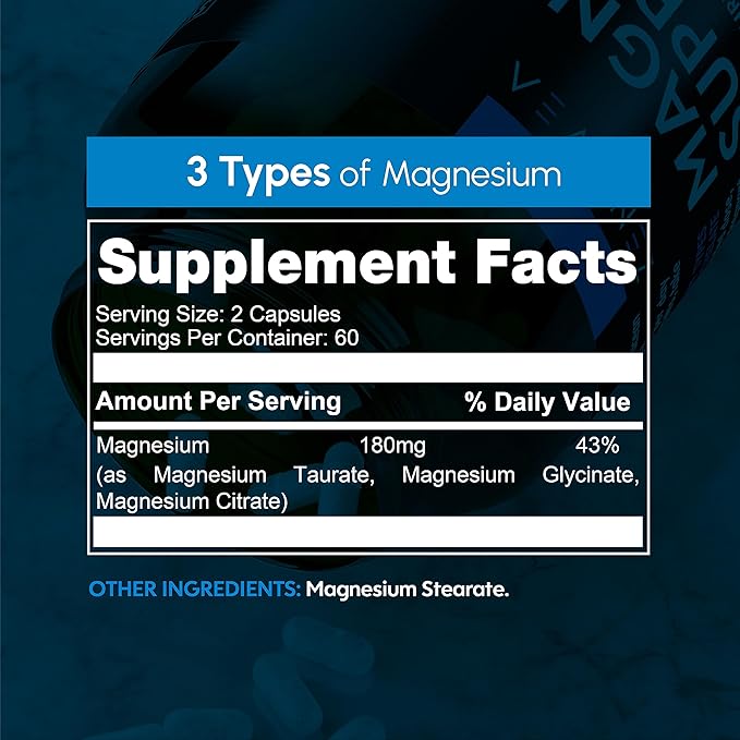 Triple Magnesium Complex Supplement (120 Vegan Capsules) - 180mg of Magnesium Glycinate Taurate and Citrate - Calm Magnesium Complex Supplements