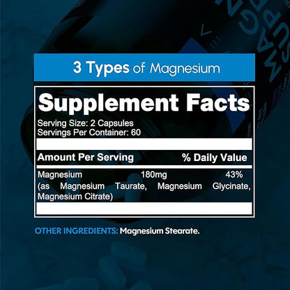 Triple Magnesium Complex Supplement (120 Vegan Capsules) - 180mg of Magnesium Glycinate Taurate and Citrate - Calm Magnesium Complex Supplements