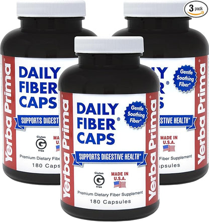 Yerba Prima Daily Fiber Capsules, 180 Caps (Pack of 3) - Soluble Dietary Fiber Supplement - Colon Cleanse - Gut Health - Constipation Relief, Vegan, Non-GMO, Gluten-Free