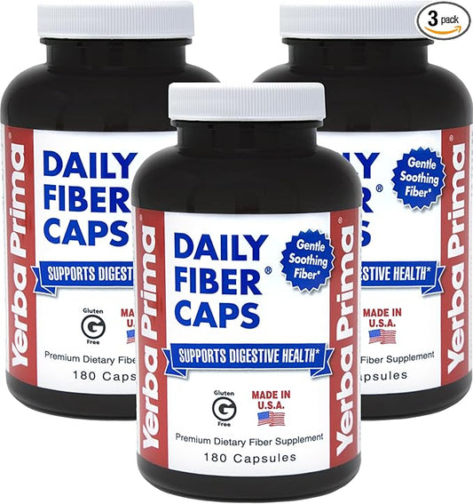 Yerba Prima Daily Fiber Capsules, 180 Caps (Pack of 3) - Soluble Dietary Fiber Supplement - Colon Cleanse - Gut Health - Constipation Relief, Vegan, Non-GMO, Gluten-Free