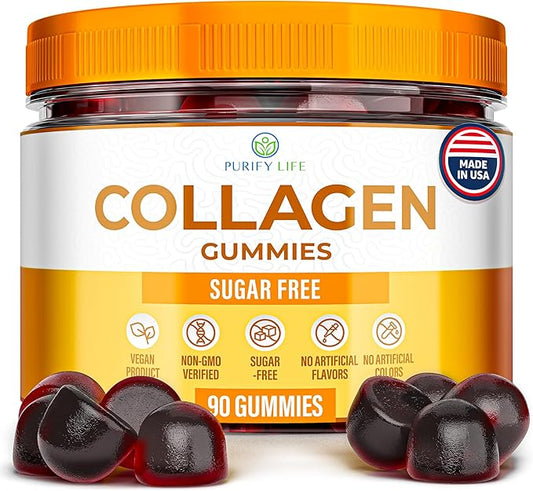 Sugar-Free Marine Collagen Gummies (90 Collagen Chews) Potent 500mg Collagen Gummy for Hair Growth, Healthier Skin & Nails, Pore Reducer & Elasticity Hydrolyzed, Gluten Free, Non-GMO, Orange Flavor
