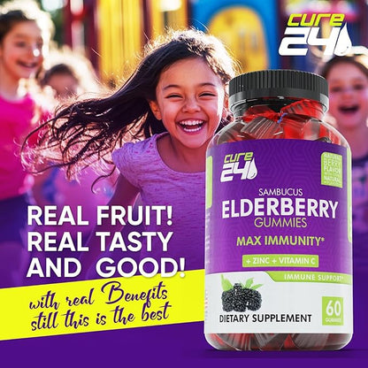 Sambucus Elderberry Gummies + Vitamin C + Zinc for Kids & Adults, X3 Immune Support, Natural Flavors + Ingredients, Vegan, Non-GMO, Made in USA (60)