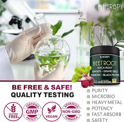 6in1 Beet Root Capsules with Maca Root, Grape Seed, Ginger, Turmeric and Black Pepper for Heart Health & Immune Support - 100 Vegan Capsules
