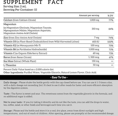 (1 Pack) Magnesium Calcium Zinc Supplement with Vitamin D3 K2 for Women, Magnesium Glycinate Vegan Liquid Drops for Adult Plus L-Theanine Boron Sea Moss Extract, Bone, Sleep & Leg Cramps, 1 Fl Oz