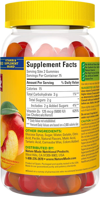 Nature Made Extra Strength Vitamin D3 5000 IU (125 mcg) per Serving, Dietary Supplement for Bone, Teeth, Muscle and Immune Health Support, 150 Gummies, 75 Day Supply (Pack of 2)