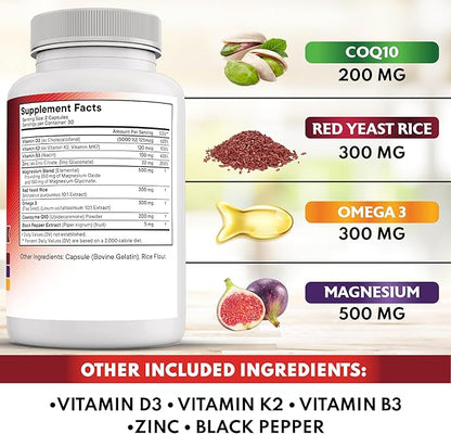NEW AGE COQ10 200mg Red Yeast Rice, Omega 3, Magnesium Complex, Zinc Vitamin K2 D3 - Heart Health Support Vitamins for Women and Men with Vitamin B3, Coenzyme Q10-60 Count