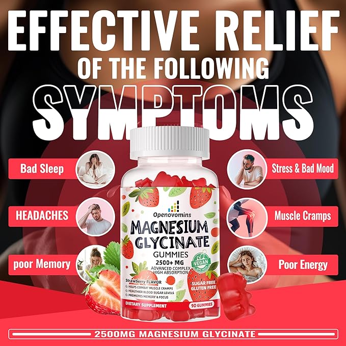 Magnesium Glycinate Gummies 2500mg - Sugar Free Magnesium Potassium Supplement with Vitamin D, B6, CoQ10 for Calm Mood & Sleep Support - 90 Strawberry Gummies