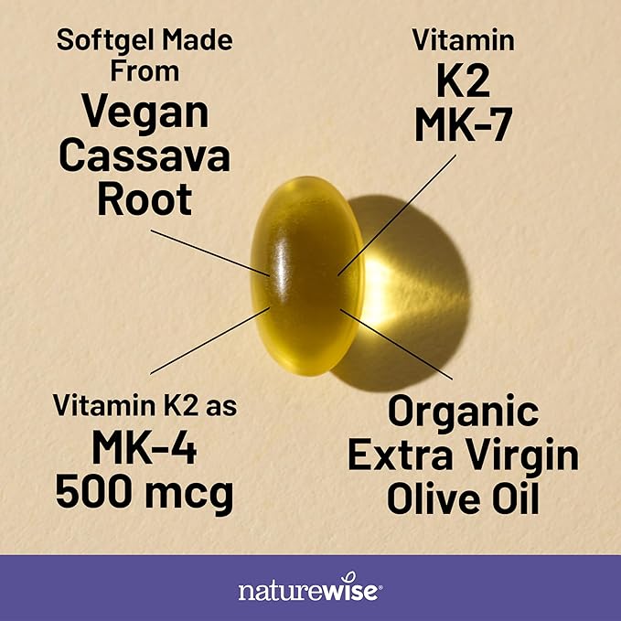 NatureWise Vitamin K2 Supplement with MK-7 100mcg and MK-4 500mcg - Enhanced Bioavailable Formula - K Complex for Bone and Heart Health - Vegan, Gluten Free, Non-GMO - 360 Softgels[1-Year Supply]