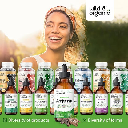 Wild & Organic Arjuna Bark Tincture - Overall Well-Being Supplement - Alcohol-Free Liquid Drops - Terminalia Arjuna Bark Extract - No Sugar & Additives, Non-GMO - 4 fl oz