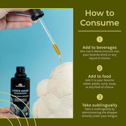Naturealm Lion’s Mane Mushroom Liquid Tincture Supplement – Focus, Memory & Brain Health, Vegan, Non-GMO – Organic Fruiting Bodies, 2 Month Supply