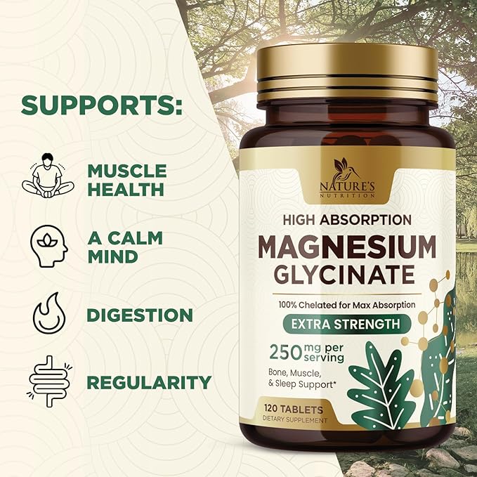 Magnesium Glycinate 250 mg, 100% Chelated Magnesium Supplement - High Absorption Magnesium for Muscle, Heart, Bone and Nerve Health Support, Nature's Gluten Free, Vegan, Non-GMO Capsules - 120 Count