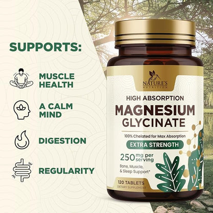 Magnesium Glycinate 250 mg, 100% Chelated Magnesium Supplement - High Absorption Magnesium for Muscle, Heart, Bone and Nerve Health Support, Nature's Gluten Free, Vegan, Non-GMO Capsules - 120 Count