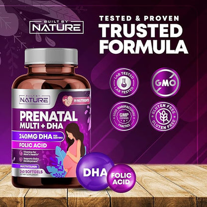 Prenatal Vitamins for Women - Multivitamin with DHA, Folic Acid, Vitamin C, B12, Iron & Omega-3 - Before, During & Post Pregnancy Supplement for Healthy Growth & Brain Development - 240 Softgels