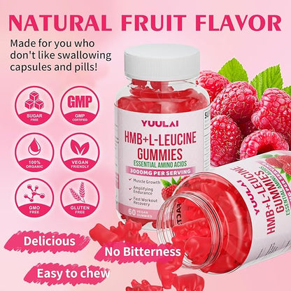 Pack of 2 HMB and L-Leucine Gummies, 3000mg HMB and Leucine Amino Acid for Men Women, for Muscle Growth, Muscle Relief, and Fast Workout Recovery, Vegan, Raspberry Flavor, 120 Count