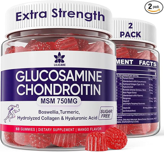 Glucosamine Chondroitin Gummies, Sugar Free Glucosamine Chondroitin MSM Supplement, Extra Strength with Boswellia Turmeric, Hydrolyzed Collagen & Hyaluronic Acid, Bone Health for Men & Women, 120 Cts