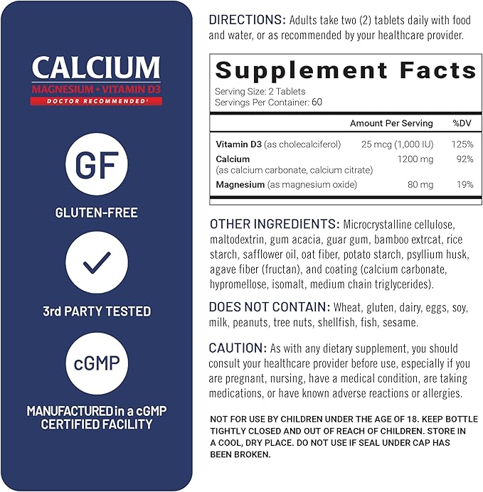 U.S. Doctors' Clinical 1200mg Calcium Citrate & Carbonate Complex with Magnesium & Vitamin D3 - Calcium Supplement for Bone Strength, Muscles & Nerves - Vegan, Non-GMO - 120 Tablets - 2-Month Supply