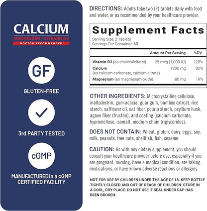 U.S. Doctors' Clinical 1200mg Calcium Citrate & Carbonate Complex with Magnesium & Vitamin D3 - Calcium Supplement for Bone Strength, Muscles & Nerves - Vegan, Non-GMO - 120 Tablets - 2-Month Supply
