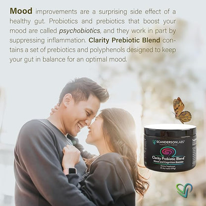 Clarity Prebiotic Blend – Optimize Gut and Mood via The Gut-Brain axis – one Month Supply – Easy to use, one Scoop mixes with Liquid or Food – Vegan, Soy-Free, Gluten-Free, Non-GMO