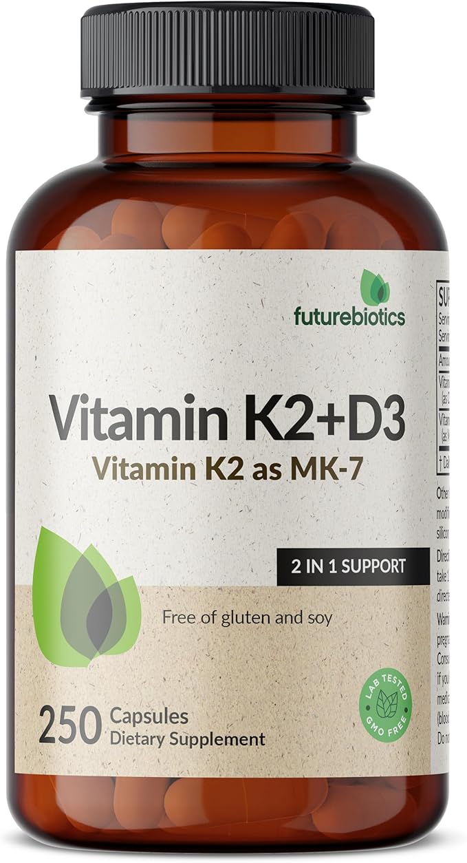 Futurebiotics Vitamin K2 (MK7) with D3 Supplement - Non-GMO Formula - 5000 IU Vitamin D3 & 90 mcg Vitamin K2 MK-7, 250 Vegetarian Capsules