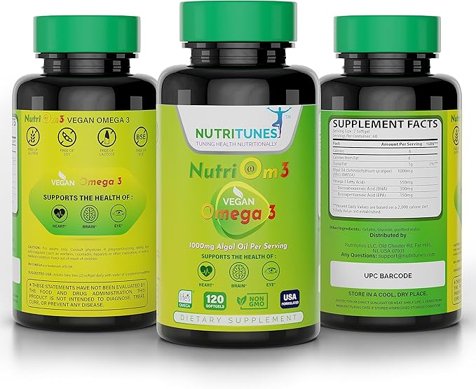 Vegan Omega 3 – Plant-Based DHA & EPA for Brain, Eye & Heart Health – 120 Softgels - NutriOm3 - made with Sustainably Sourced Premium Algal life’s OMEGA with SeaGel technology - Non-GMO, Allergen Free