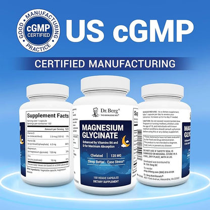 Dr. Berg Magnesium Glycinate with Vitamin D, B6 & Zinc for Stress Relief, Calm, Relaxation, & Good Sleep* - 120 mg Per Magnesium Supplement Capsule - Chelated Magnesium Glycinate - 150 Caps