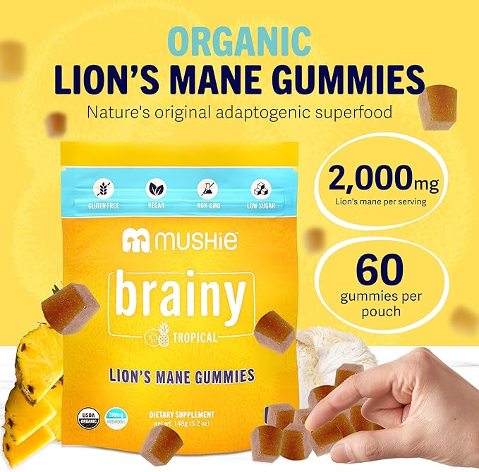 Mushie 100% Organic Lion’s Mane Mushroom Gummies for Adults & Kids Focus - 2000mg Lions Mane Nootropic for Brain, Cognitive, Memory & Immune Support - Vegan, Gluten-Free - 60 Count