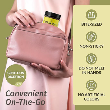 HERBAMAMA Lemon Balm Calming Gummies - 1500mg Lemon Balm Herb for Calm Support - Vegan, Non-GMO Relaxation Supplement with Melissa Officinalis Leaves - 60 Pectin-Based Banana-Flavored Chews