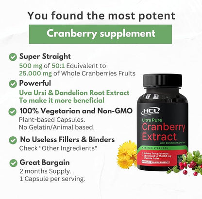 Cranberry Extract Pills - Super Strength 50:1 Whole Fruit Concentrate Equals to 25,000mg of Fresh Cranberries Plus Dandelion & Uva Ursi - Natural UTI Support - Kidney Cleanse & Urinary Tract Health