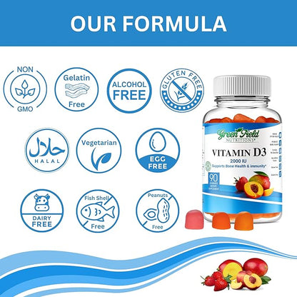 Greenfield Nutritions Halal Vitamin D3 Gummies for Adults - 2000 IU (50 mcg), 90 Gummy Halal Vitamins - Non-GMO Gluten Gelatin Free Vegetarian Halal Vitamin D - Supports Bone Heart & Immune Health