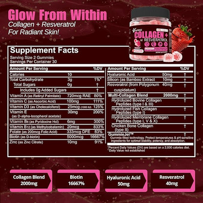 Multi Collagen Gummies Peptides Hydrolyzed Type I, II, III, V, X Plus Resveratrol Hyaluronic Acid & Biotin Gummies for Hair Skin and Nails Vitamins | Colageno Hidrolizado for Women & Men | Sugar Free