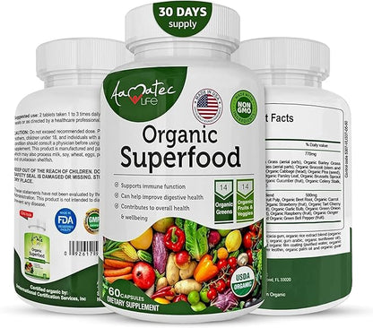 Organic Superfood Greens Fruits and Veggies Complex - Best Dietary Supplement with 14 Greens &14 Fruits & Vegetables with Alfalfa Rich in Antioxidants Organic Ingredients Non-GMO (180 Count Pack of 3)