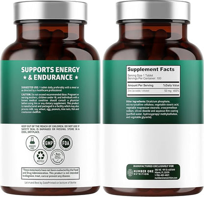 N1N Premium Zinc 50mg [3X Absorption, Vegan] All Natural Zinc Oxide and Citrate Supplement for Immune Support, Skin Health and Better Digestion, 100 Tablets