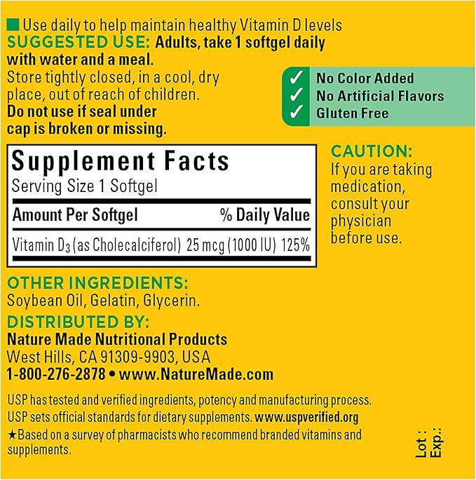 Nature Made Vitamin D3 1000 IU (25 mcg), Dietary Supplement for Bone, Teeth, Muscle and Immune Health Support, 100 Softgels, 100 Day Supply